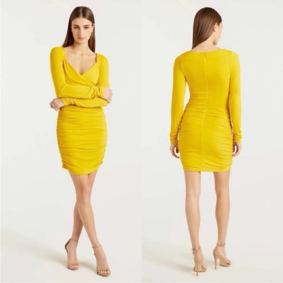 NWOT Cinq A Sept Yellow Long Sleeve Ruched V Neck Miah Mini Dress sz 0 - Picture 1 of 7